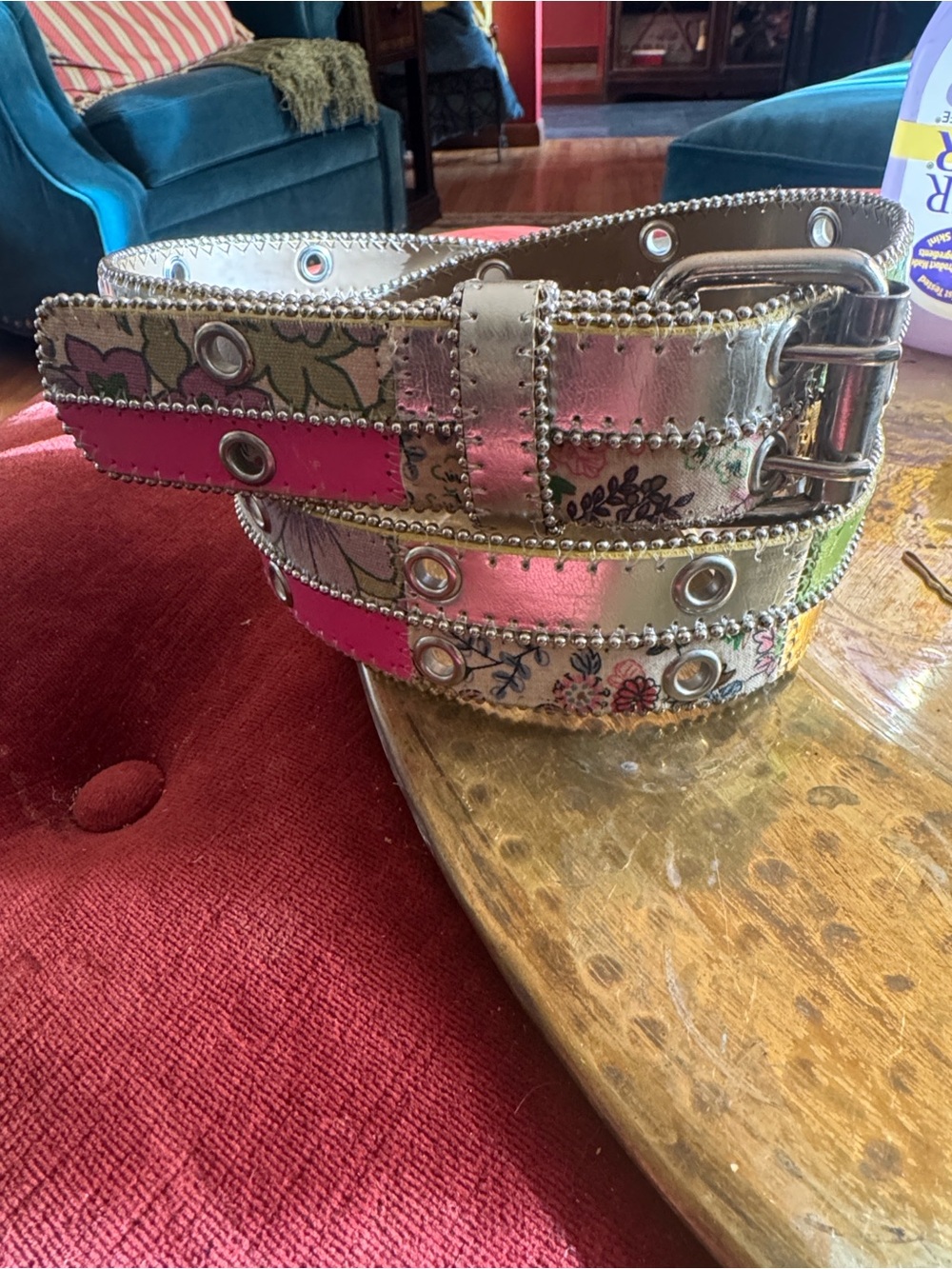 Women's Patchwork Floral Metallic Pink Belt with Silver Accents